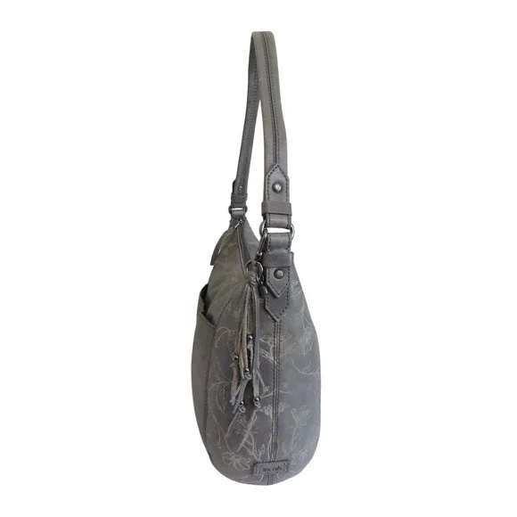 The Sak Gray Leather Handbag Floral Embossed Hobo Shoulder Bag - Picture 5 of 9